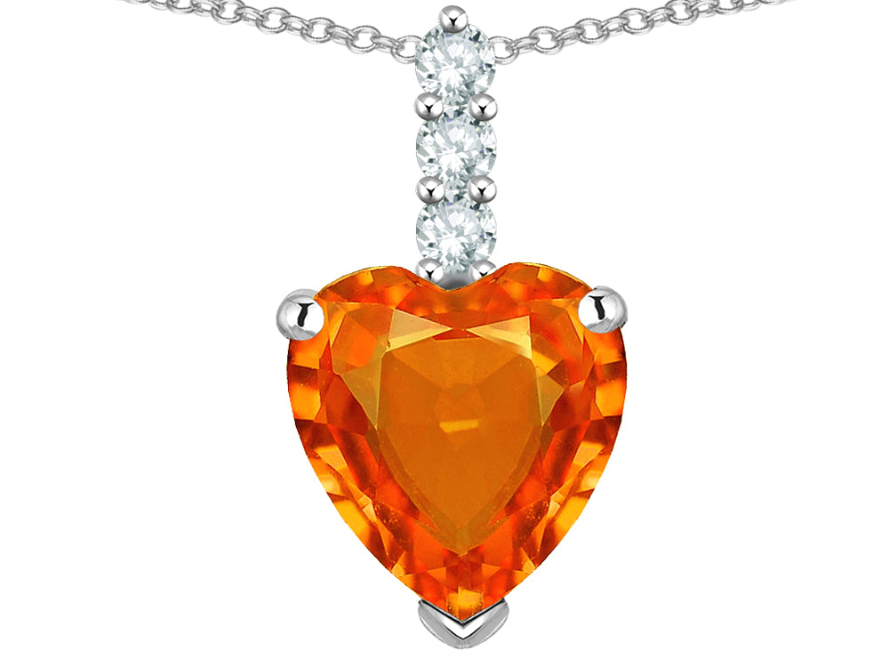 Star K  8mm Heart Shaped Simulated Orange Mexican Fire Opal Three Stone Pendant Necklace