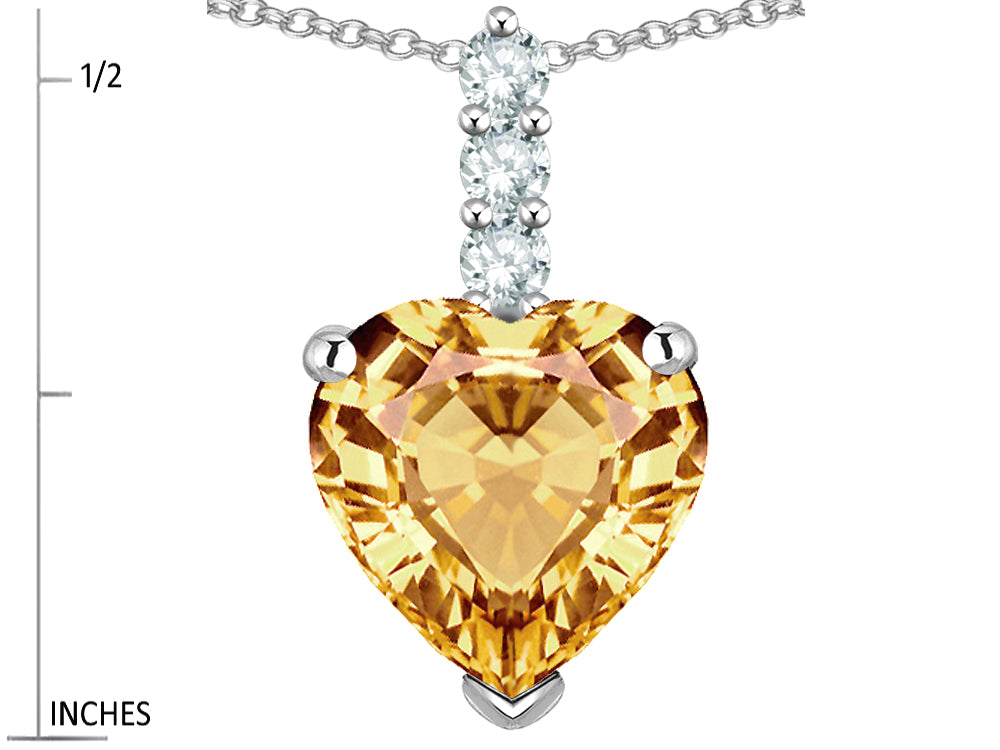 Star K  8mm Heart Shaped Simulated Imperial Yellow Topaz Three Stone Pendant Necklace
