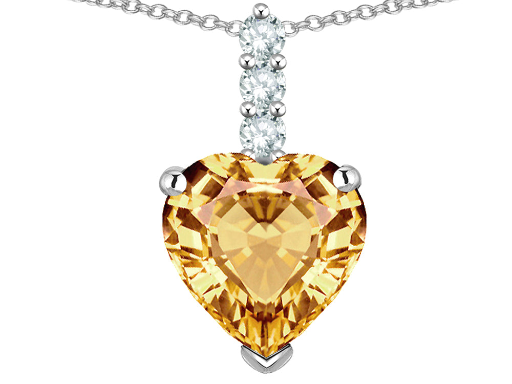 Star K  8mm Heart Shaped Simulated Imperial Yellow Topaz Three Stone Pendant Necklace