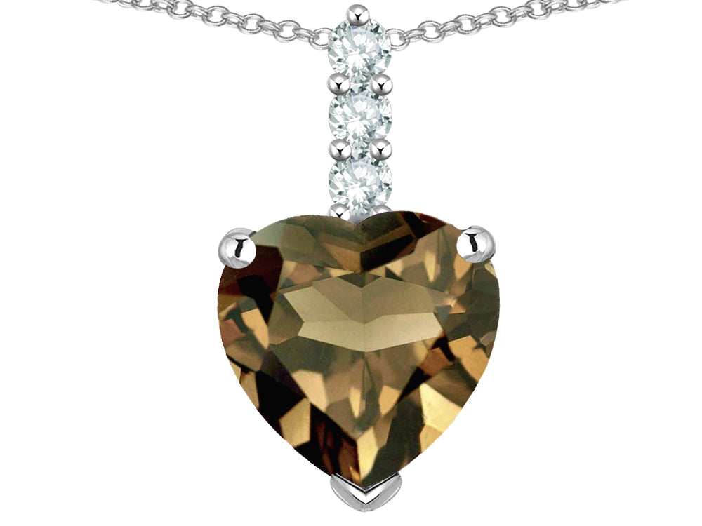 Star K  8mm Heart Shaped Genuine Smoky Quartz Three Stone Pendant Necklace