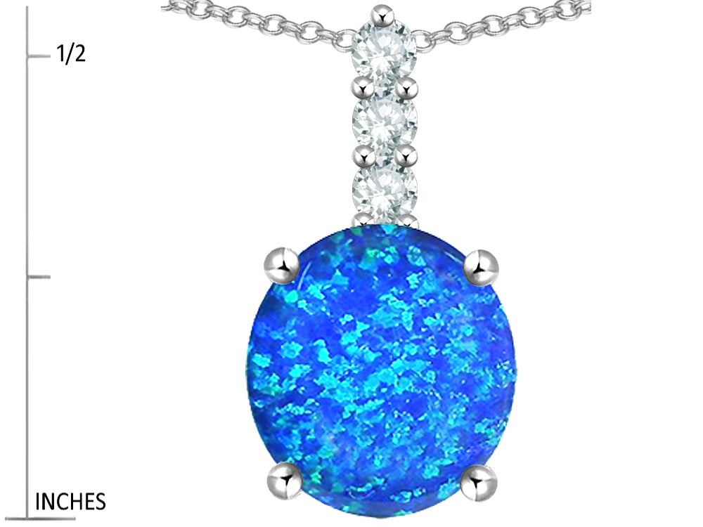 Star K  7mm Round Blue Created Opal Three Stone Pendant Necklace