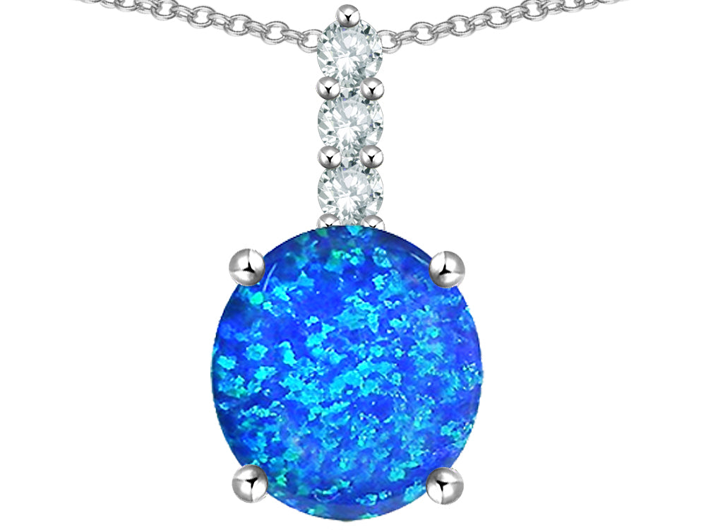 Star K  7mm Round Blue Created Opal Three Stone Pendant Necklace