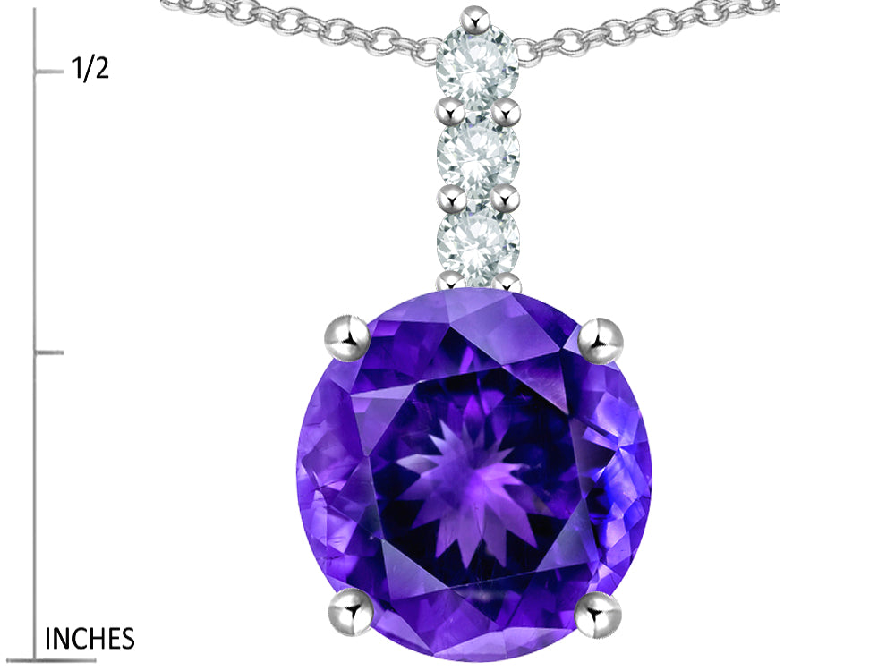 Star K  7mm Round Genuine Amethyst Three Stone Pendant Necklace