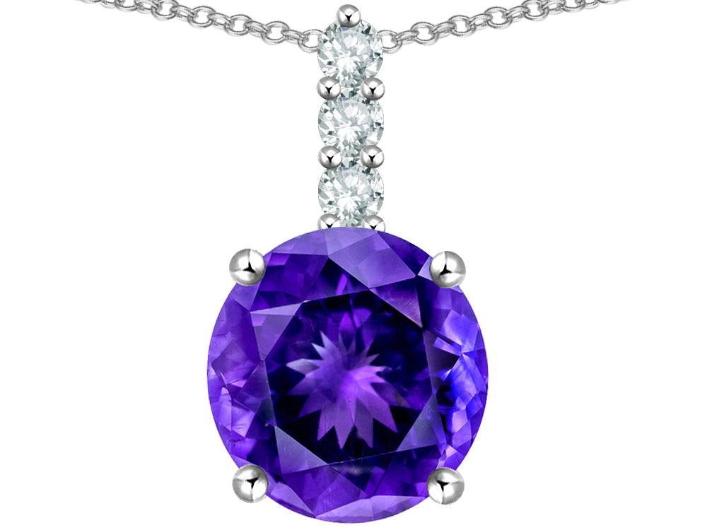 Star K  7mm Round Genuine Amethyst Three Stone Pendant Necklace