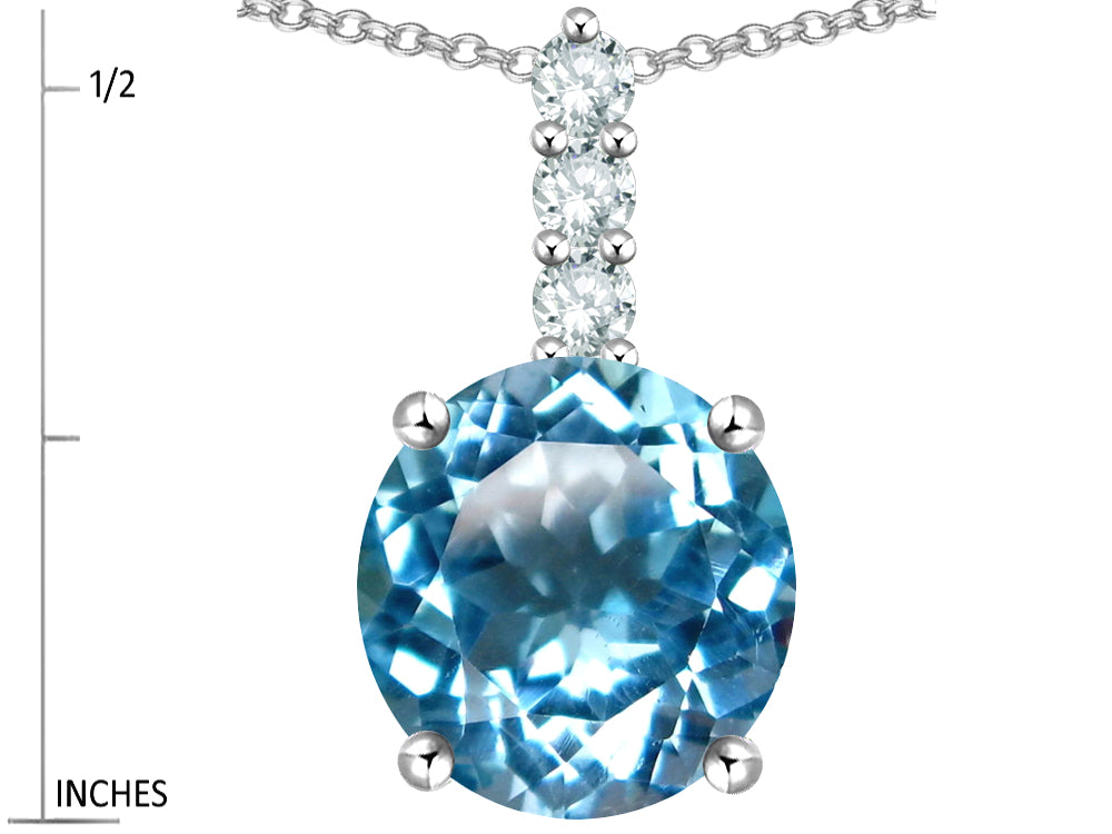 Star K  7mm Round Genuine Blue Topaz Three Stone Pendant Necklace