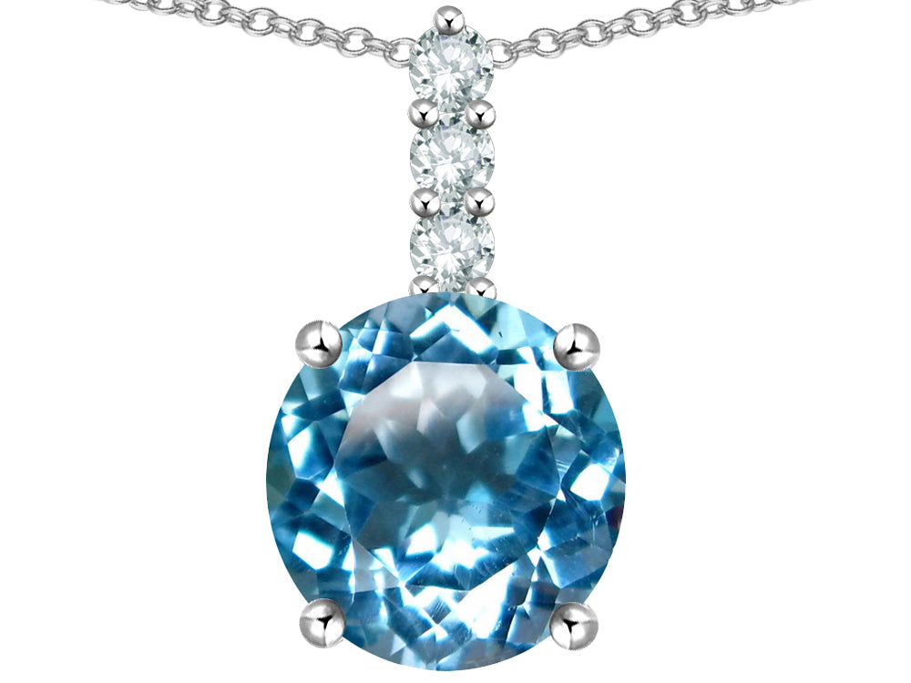 Star K  7mm Round Genuine Blue Topaz Three Stone Pendant Necklace