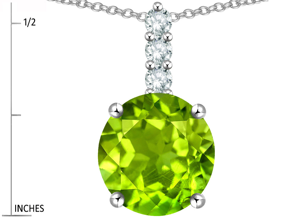 Star K  7mm Round Genuine Peridot Three Stone Pendant Necklace