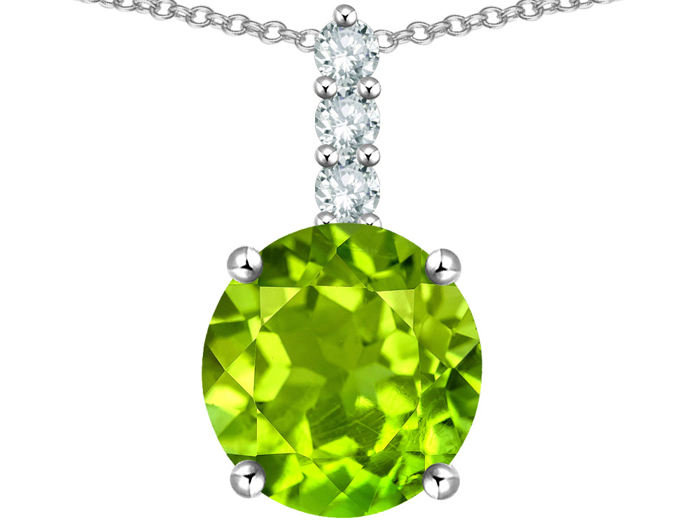 Star K  7mm Round Genuine Peridot Three Stone Pendant Necklace