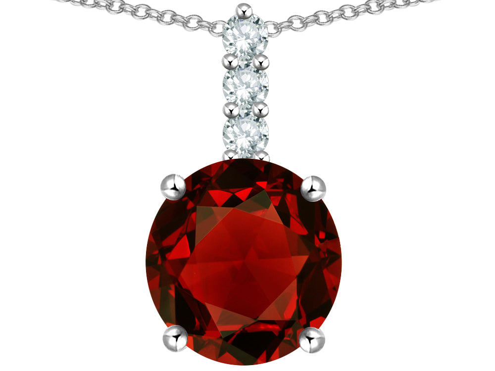 Star K  7mm Round Genuine Garnet Three Stone Pendant Necklace