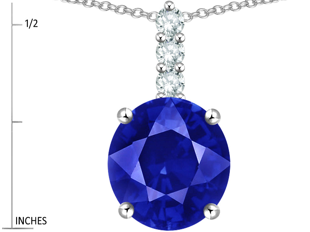 Star K  7mm Round Created Sapphire Three Stone Pendant Necklace
