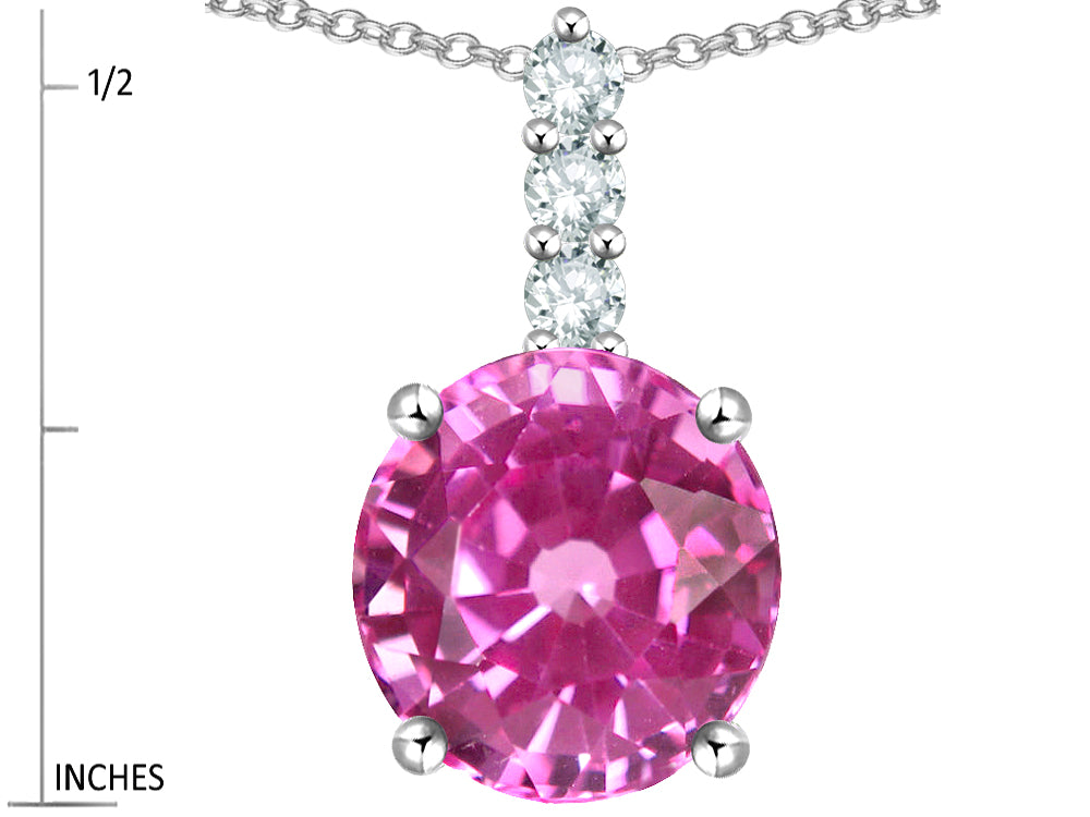 Star K  7mm Round Created Pink Sapphire Three Stone Pendant Necklace