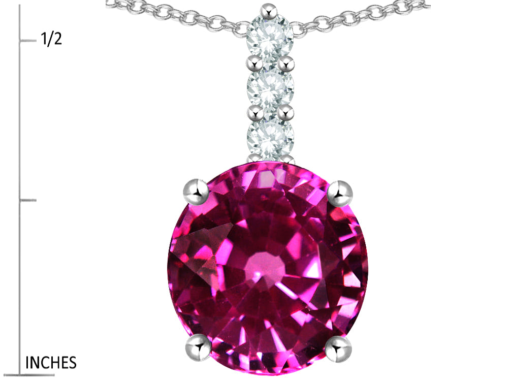 Star K  7mm Round Simulated Pink Tourmaline Three Stone Pendant Necklace