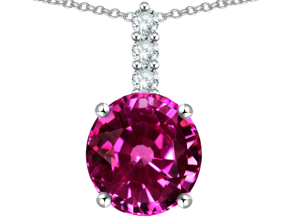 Star K  7mm Round Simulated Pink Tourmaline Three Stone Pendant Necklace