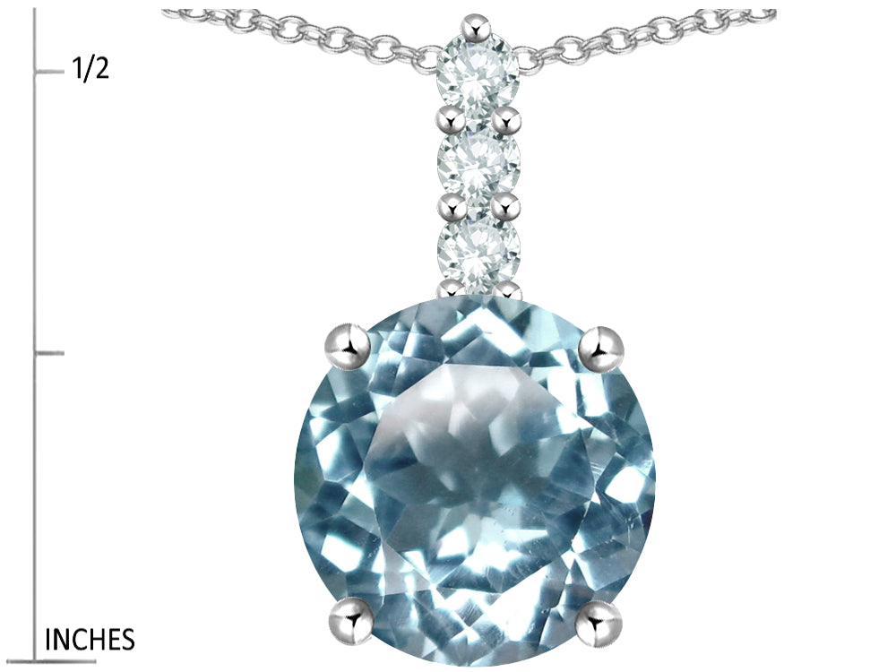Star K  7mm Round Simulated Aquamarine Three Stone Pendant Necklace