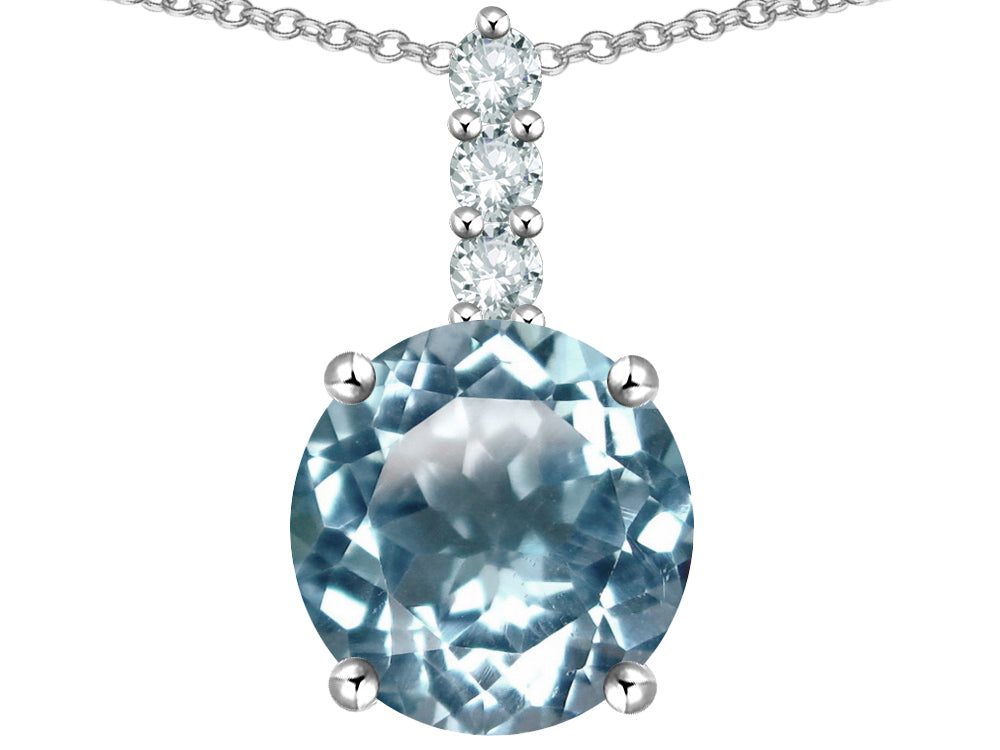 Star K  7mm Round Simulated Aquamarine Three Stone Pendant Necklace