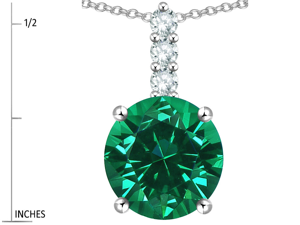 Star K  7mm Round Simulated Emerald Three Stone Pendant Necklace
