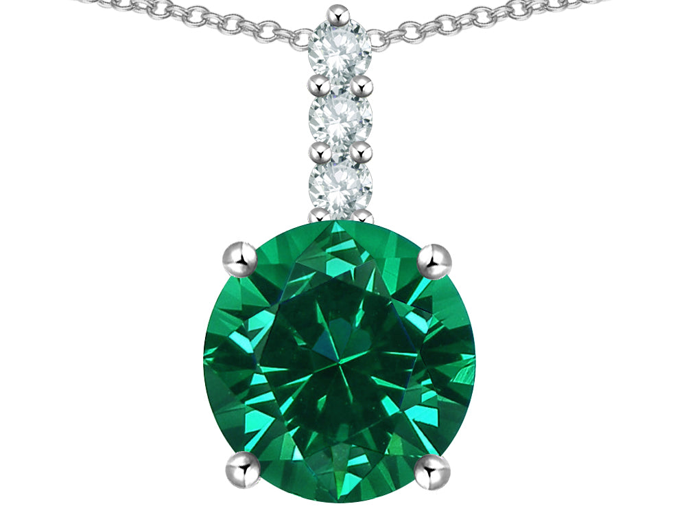 Star K  7mm Round Simulated Emerald Three Stone Pendant Necklace