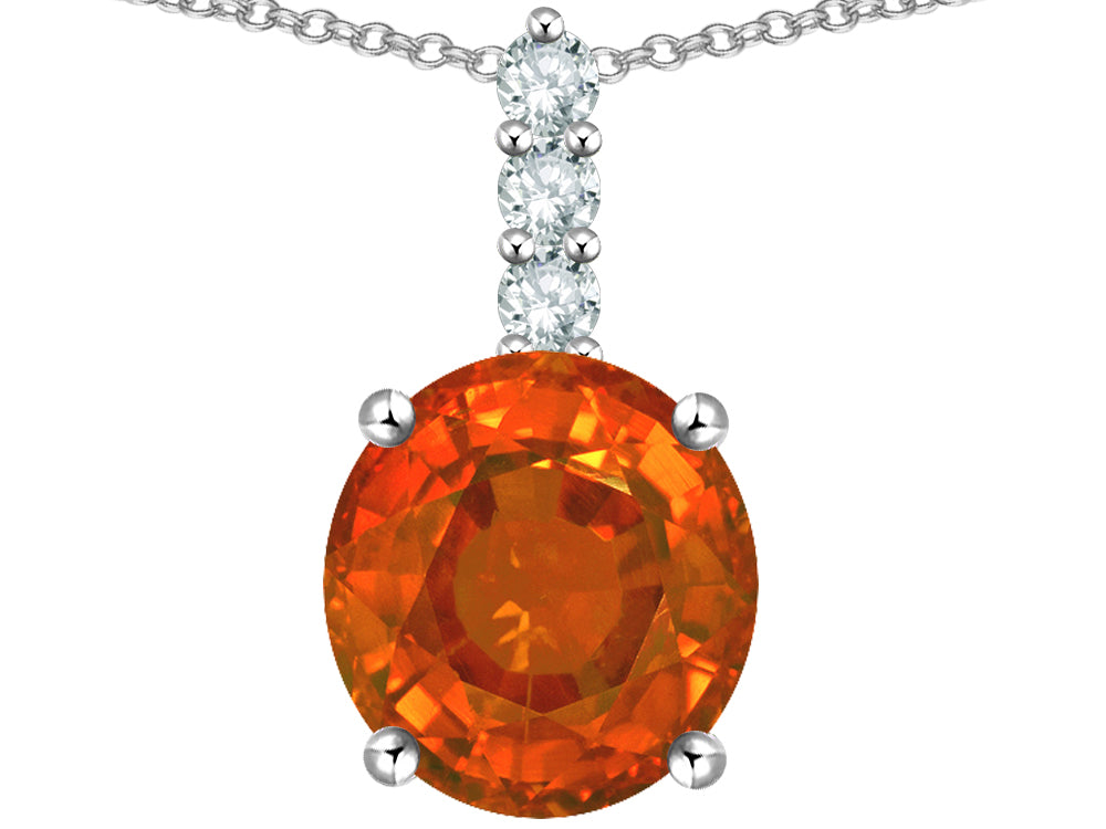 Star K  7mm Round Simulated Orange Mexican Fire Opal Three Stone Pendant Necklace