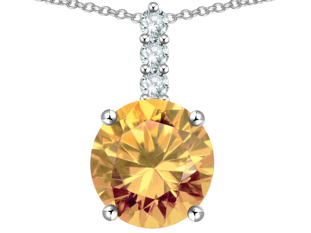 Star K  7mm Round Simulated Imperial Yellow Topaz Three Stone Pendant Necklace