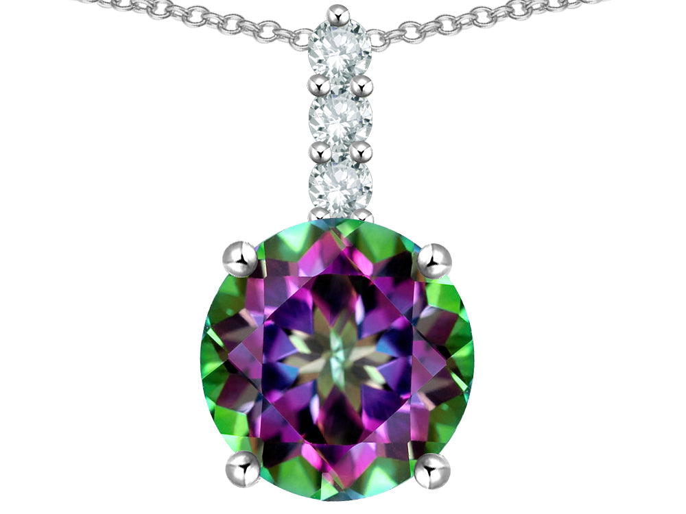 Star K  7mm Round Rainbow Mystic Topaz Three Stone Pendant Necklace