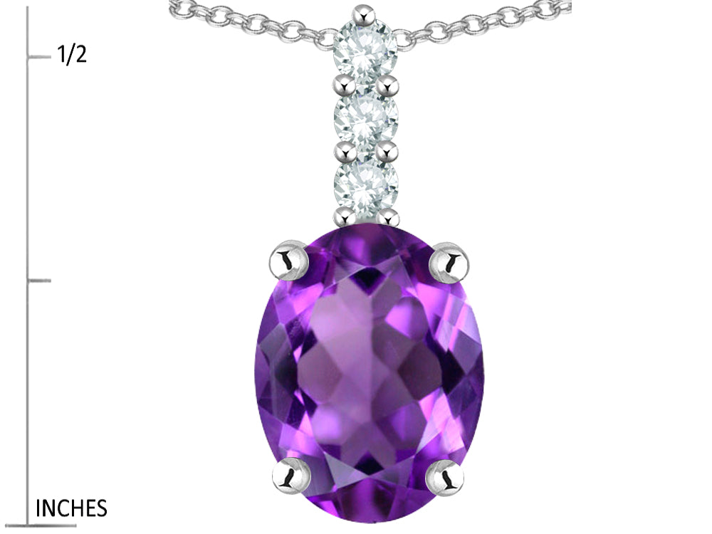 Star K  8x6mm Oval Genuine Amethyst Three Stone Pendant Necklace