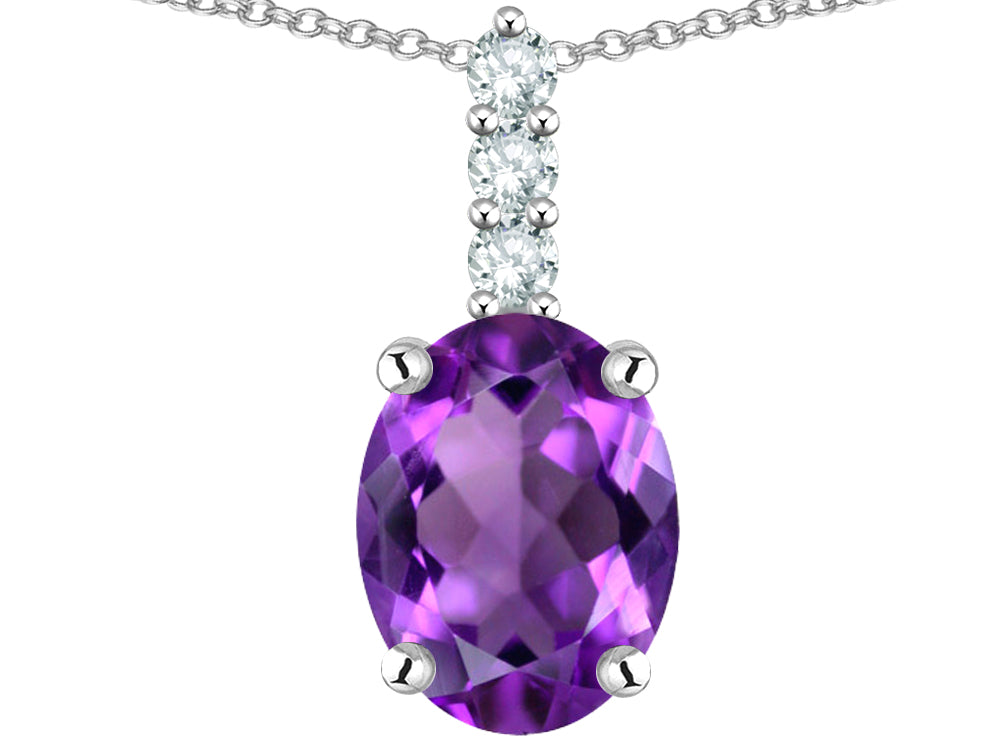 Star K  8x6mm Oval Genuine Amethyst Three Stone Pendant Necklace