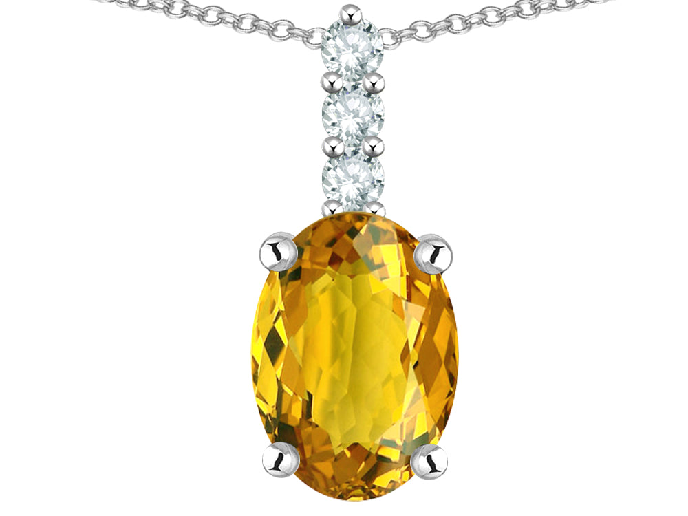 Star K  8x6mm Oval Genuine Citrine Three Stone Pendant Necklace