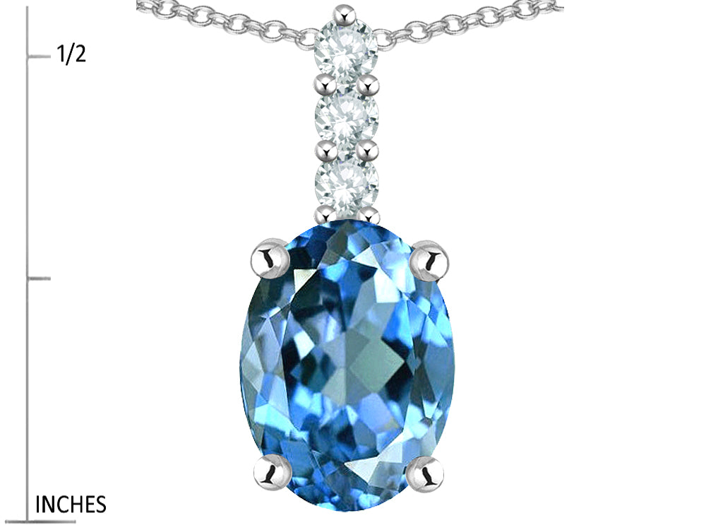 Star K  8x6mm Oval Genuine Blue Topaz Three Stone Pendant Necklace