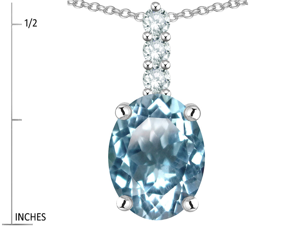 Star K  8x6mm Oval Genuine Sky Blue Topaz Three Stone Pendant Necklace