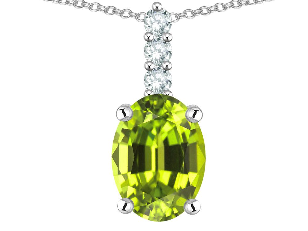 Star K  8x6mm Oval Genuine Peridot Three Stone Pendant Necklace