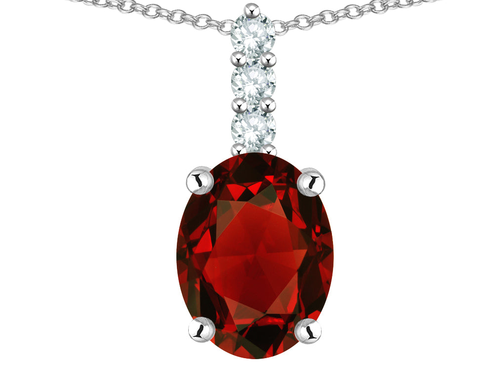 Star K  8x6mm Oval Genuine Garnet Three Stone Pendant Necklace