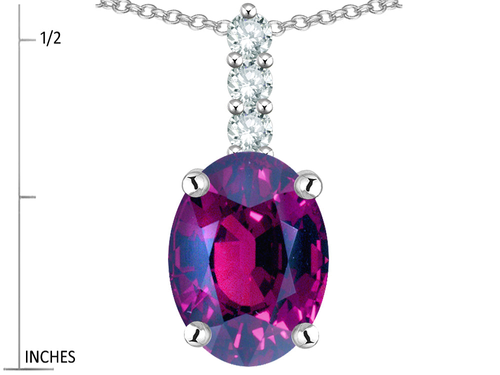 Star K  8x6mm Oval Genuine Rhodolite Three Stone Pendant Necklace
