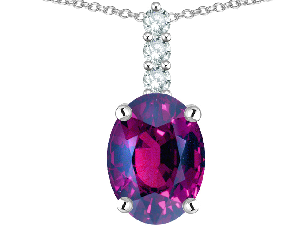 Star K  8x6mm Oval Genuine Rhodolite Three Stone Pendant Necklace