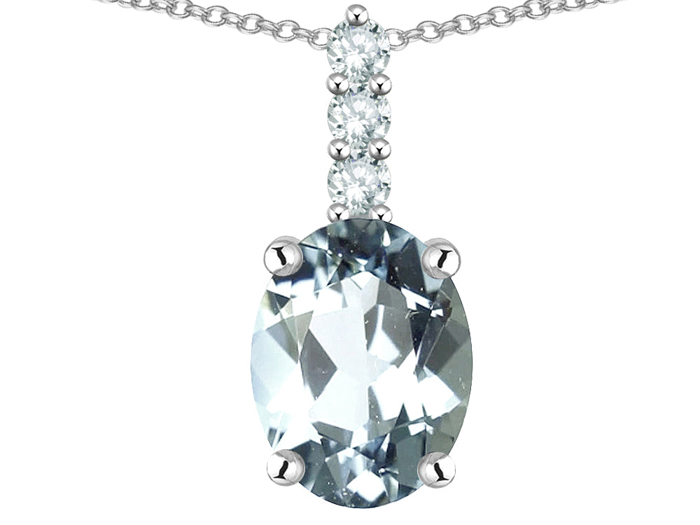 Star K  8x6mm Oval Genuine Aquamarine Three Stone Pendant Necklace