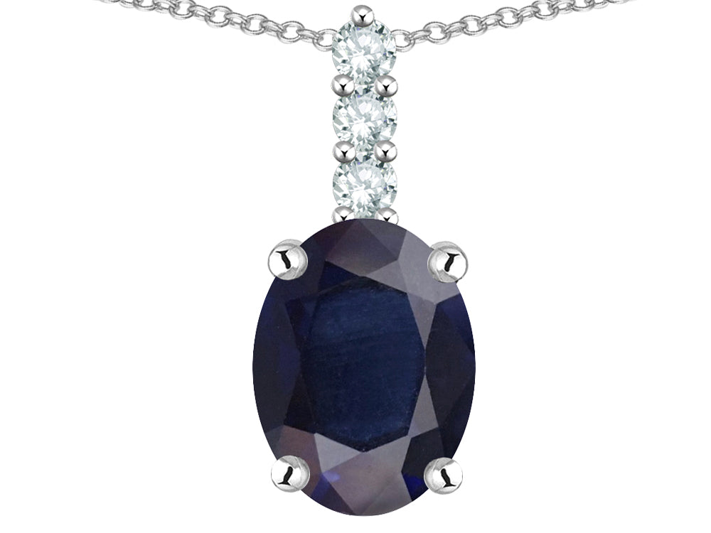 Star K  8x6mm Oval Genuine Sapphire Three Stone Pendant Necklace