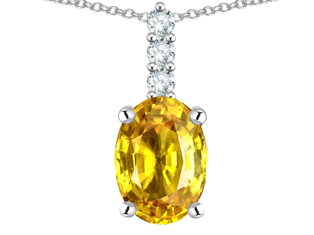 Star K  8x6mm Oval Genuine Yellow Sapphire Three Stone Pendant Necklace