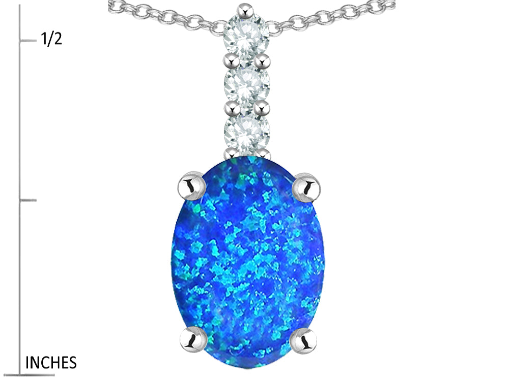 Star K  8x6mm Oval Blue Created Opal Three Stone Pendant Necklace