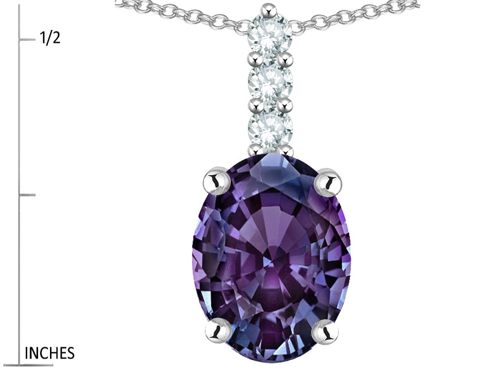 Star K  8x6mm Oval Simulated Alexandrite Three Stone Pendant Necklace