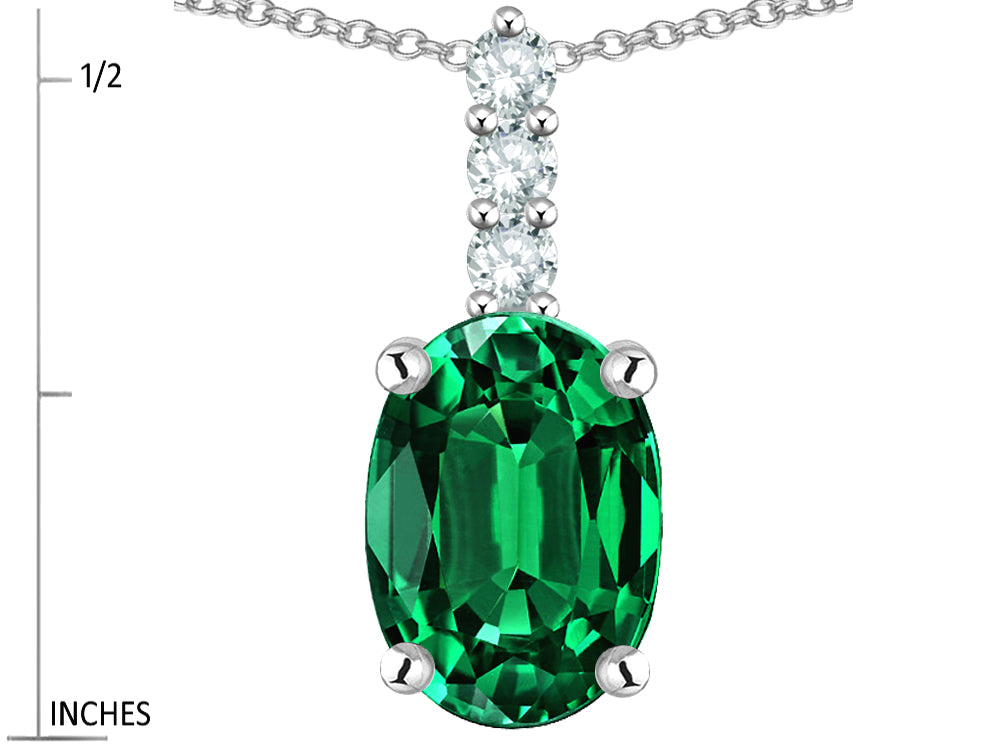 Star K  8x6mm Oval Simulated Emerald Three Stone Pendant Necklace