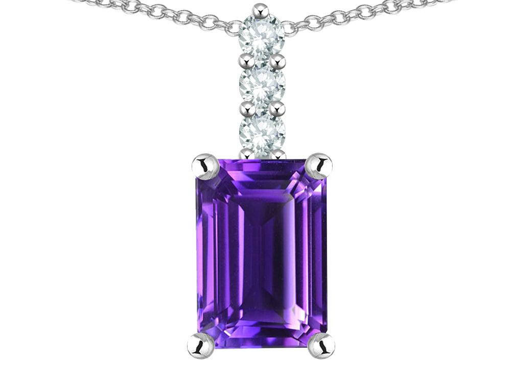 Star K  8x6mm Octagon Emerald Cut Genuine Amethyst Three Stone Pendant Necklace
