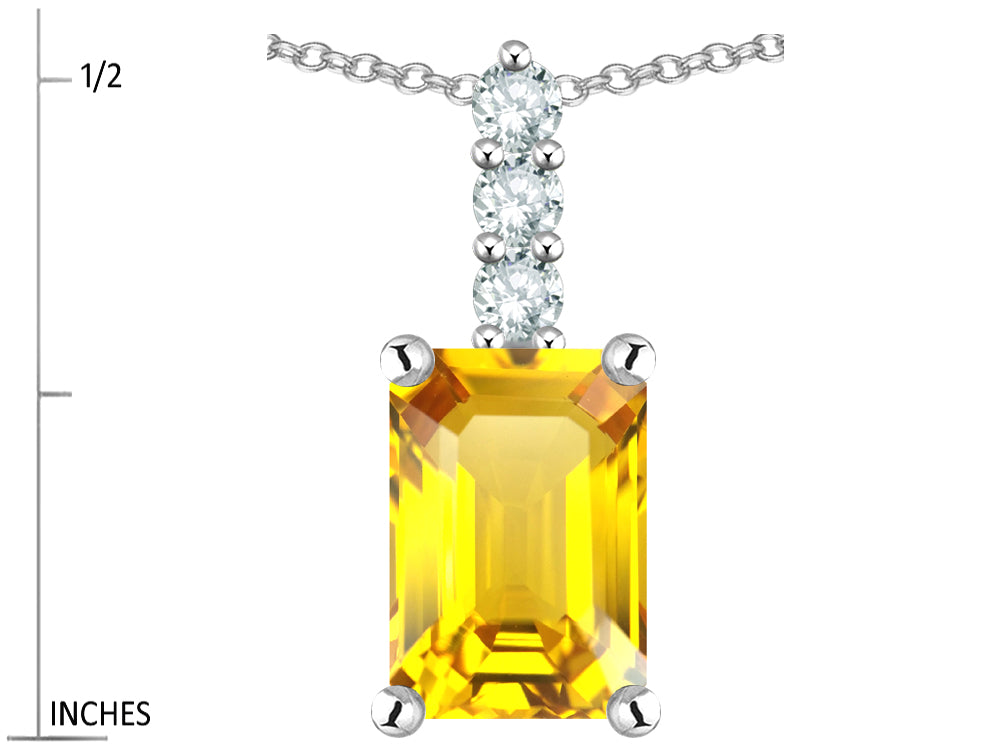 Star K  8x6mm Octagon Emerald Cut Genuine Citrine Three Stone Pendant Necklace