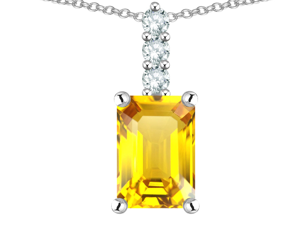 Star K  8x6mm Octagon Emerald Cut Genuine Citrine Three Stone Pendant Necklace