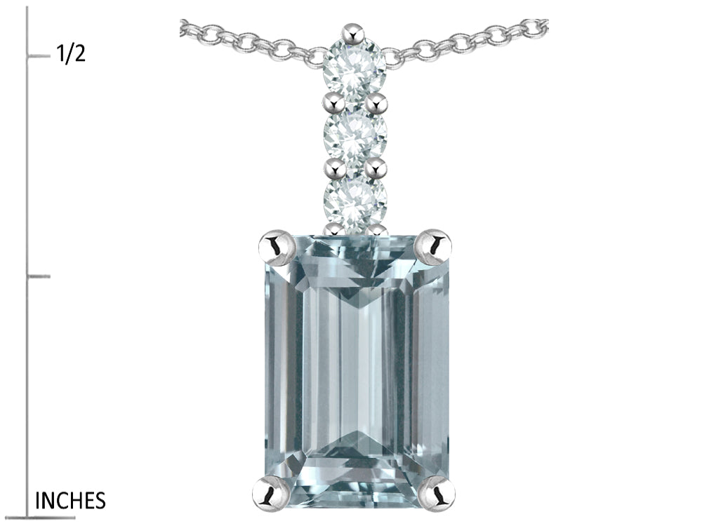 Star K  8x6mm Octagon Emerald Cut Genuine Aquamarine Three Stone Pendant Necklace