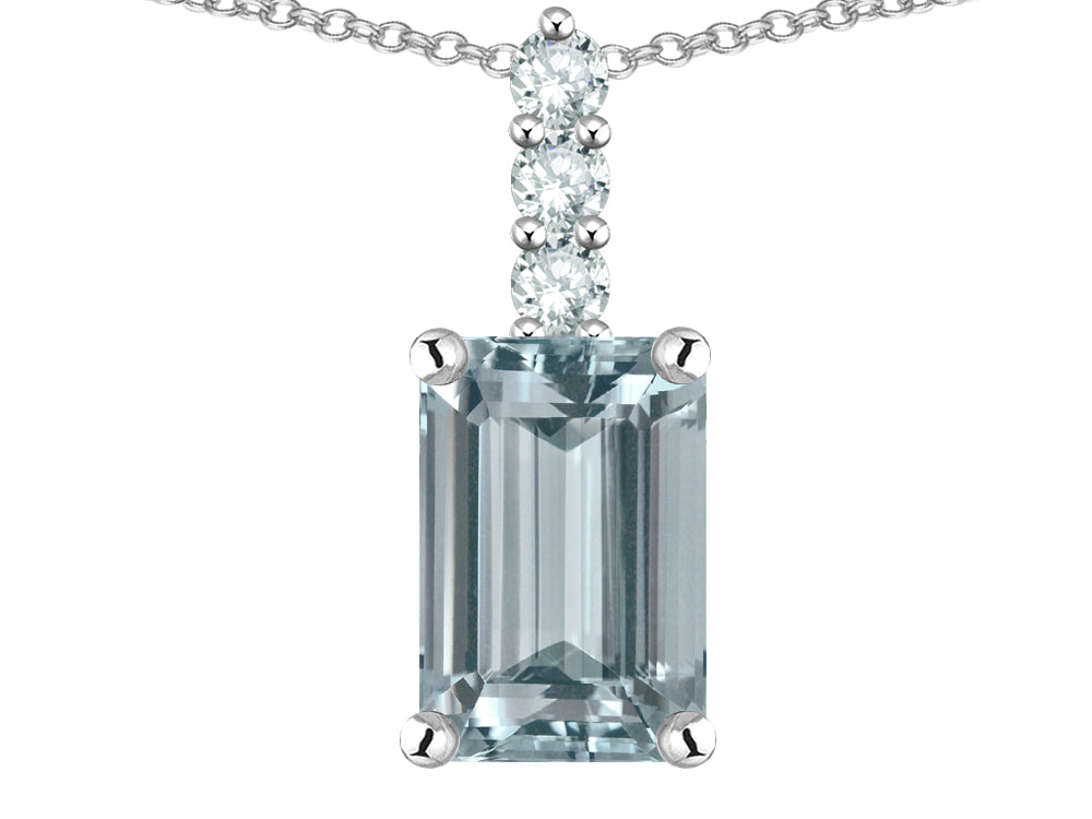 Star K  8x6mm Octagon Emerald Cut Genuine Aquamarine Three Stone Pendant Necklace
