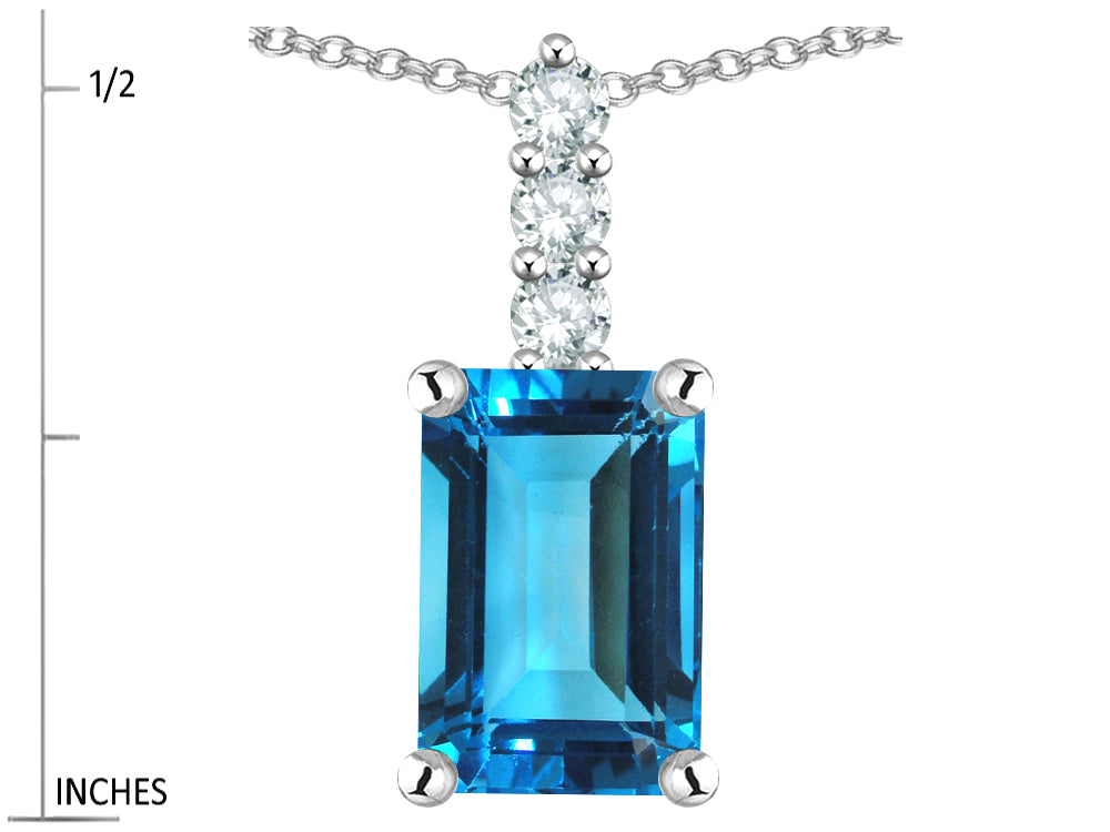 Star K  8x6mm Octagon Emerald Cut Genuine Blue Topaz Three Stone Pendant Necklace