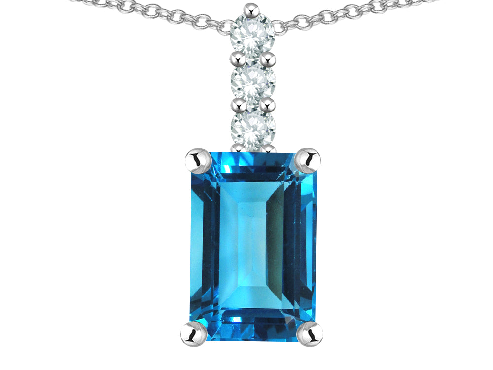 Star K  8x6mm Octagon Emerald Cut Genuine Blue Topaz Three Stone Pendant Necklace