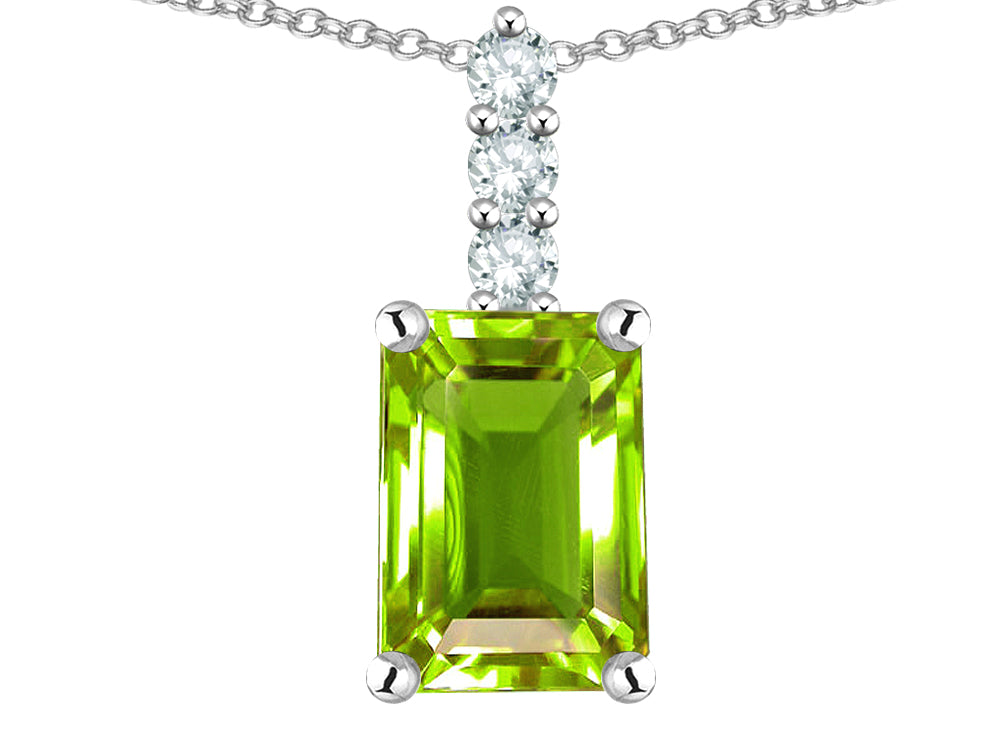 Star K  8x6mm Octagon Emerald Cut Genuine Peridot Three Stone Pendant Necklace