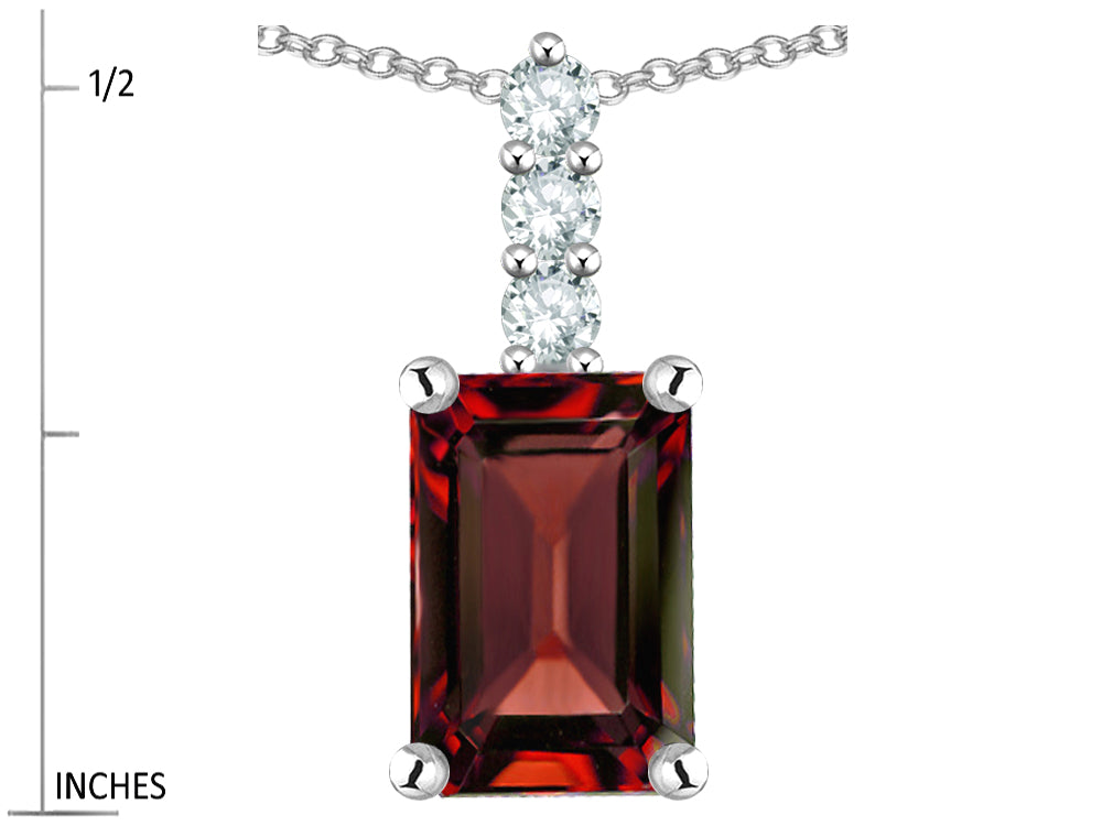 Star K  8x6mm Octagon Emerald Cut Genuine Garnet Three Stone Pendant Necklace