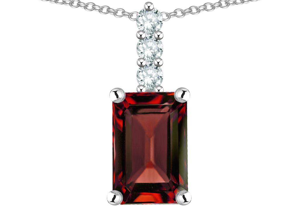 Star K  8x6mm Octagon Emerald Cut Genuine Garnet Three Stone Pendant Necklace