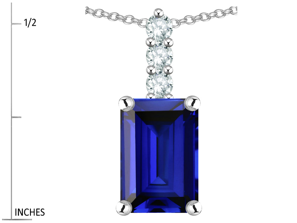 Star K  8x6mm Octagon Emerald Cut Created Sapphire Three Stone Pendant Necklace